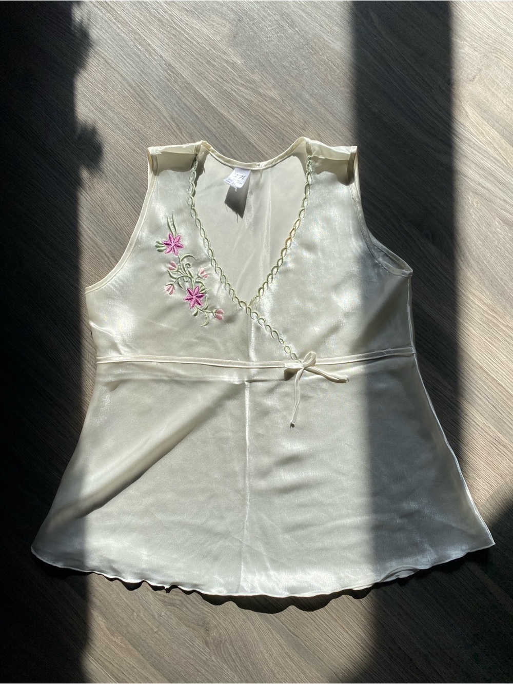 White Embroidered Silk Tank with Bow